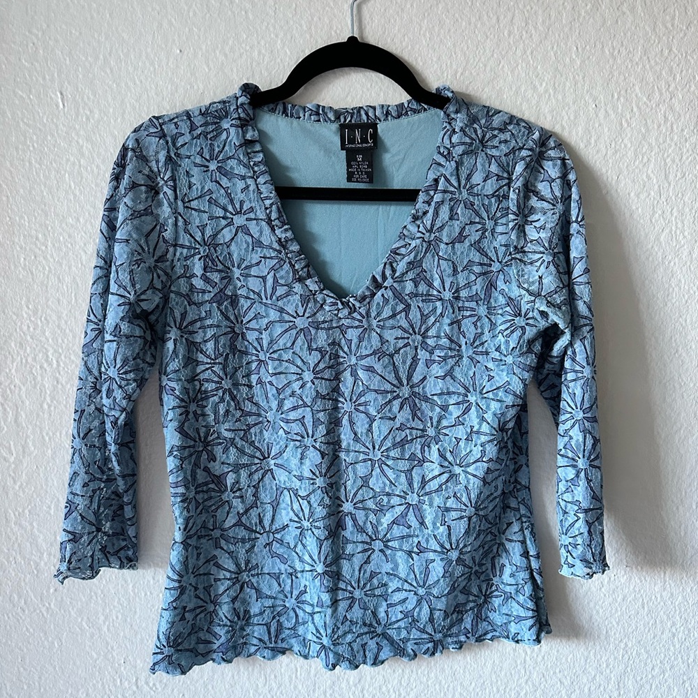 INC International Concepts Light Blue Print Long Sleeve Top